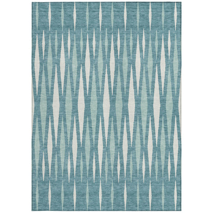 9' X 12' Teal Blue And Ivory Geometric Washable Indoor Outdoor Area Rug
