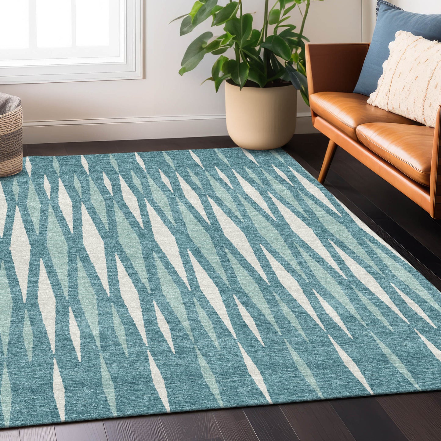 9' X 12' Teal Blue And Ivory Geometric Washable Indoor Outdoor Area Rug