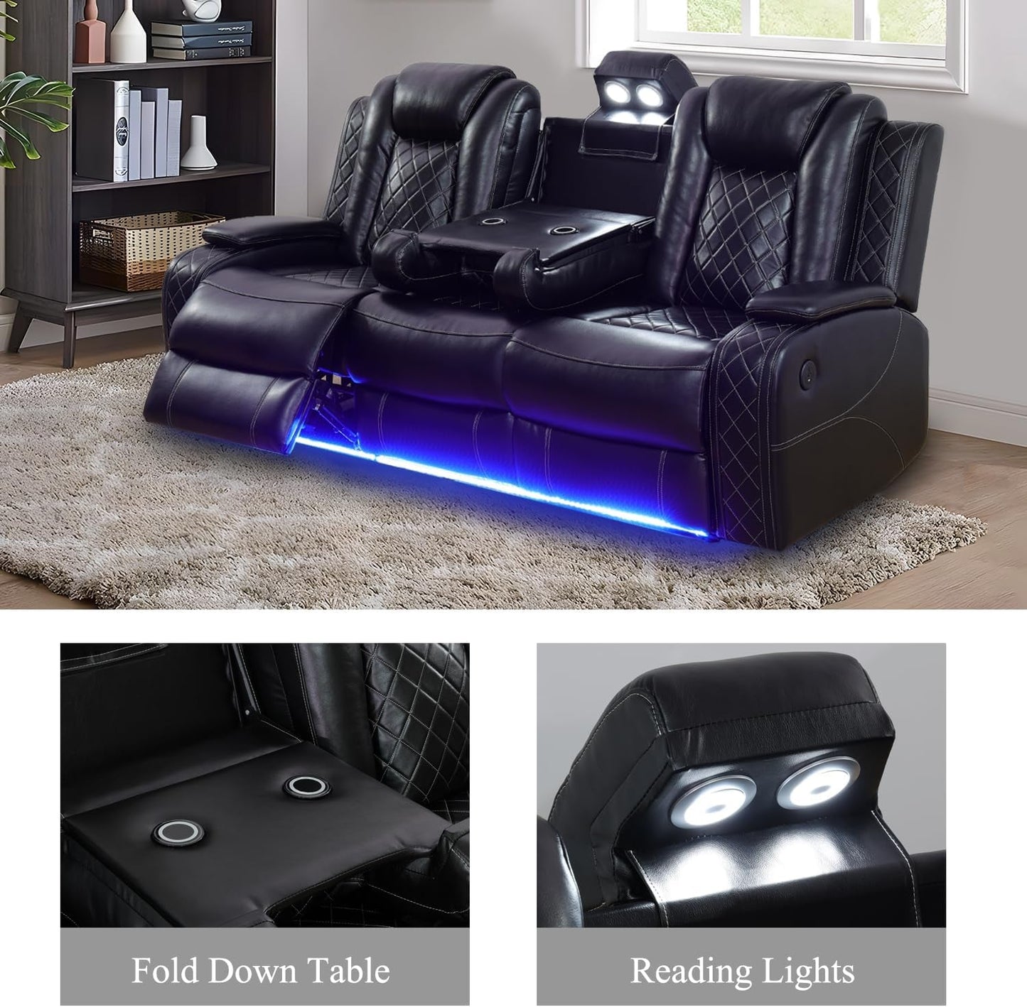 Leather Power Recliner Sofa Set with LED, Living Room Furniture Set, Leather Sofa Set with USB Port Storage Console Cup Holder (Power Reclining Sofa Set, Black)-2