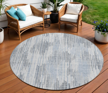 8' Gray And Ivory Round Striped Washable Indoor Outdoor Area Rug
