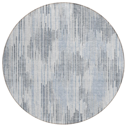 8' Gray And Ivory Round Striped Washable Indoor Outdoor Area Rug