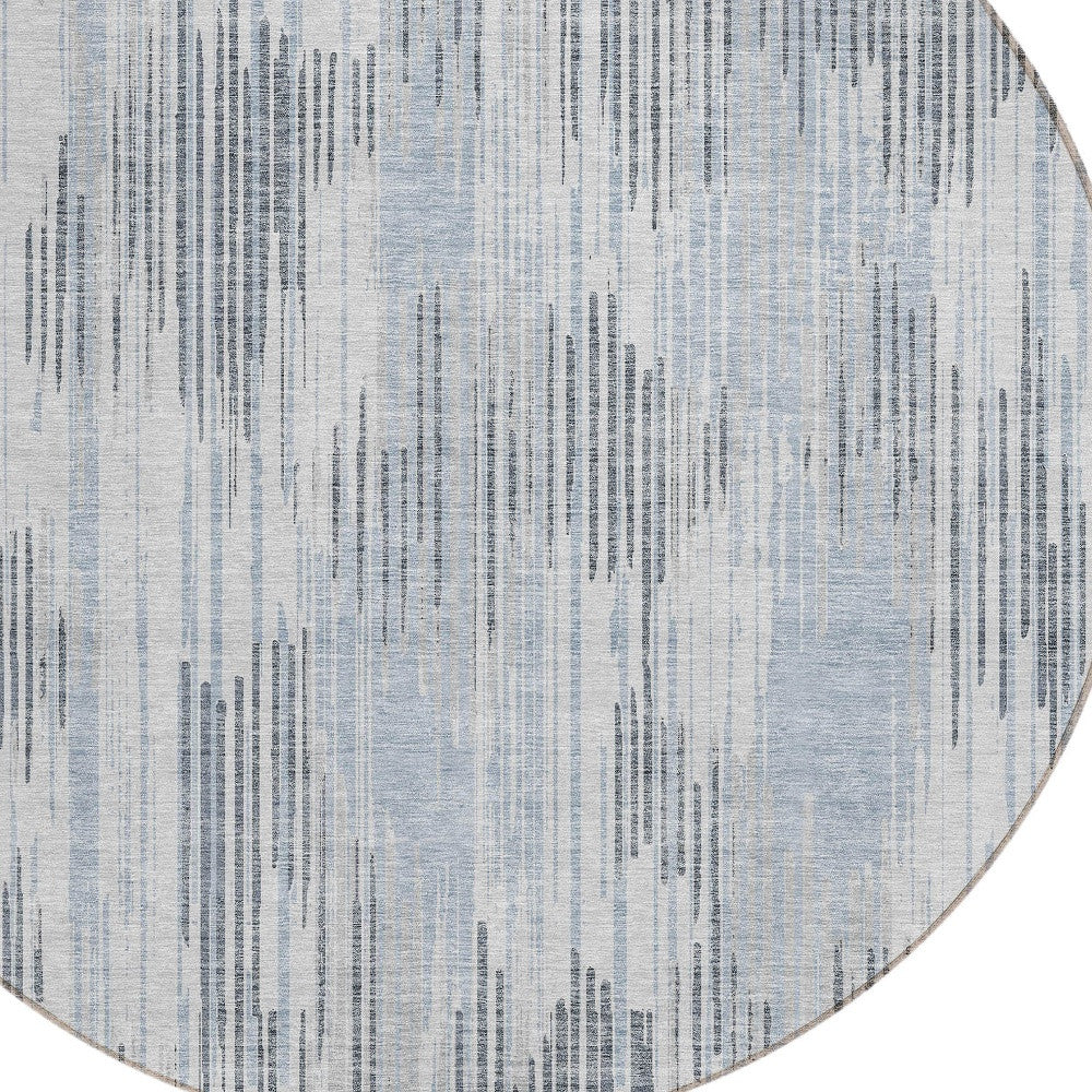 8' Gray And Ivory Round Striped Washable Indoor Outdoor Area Rug