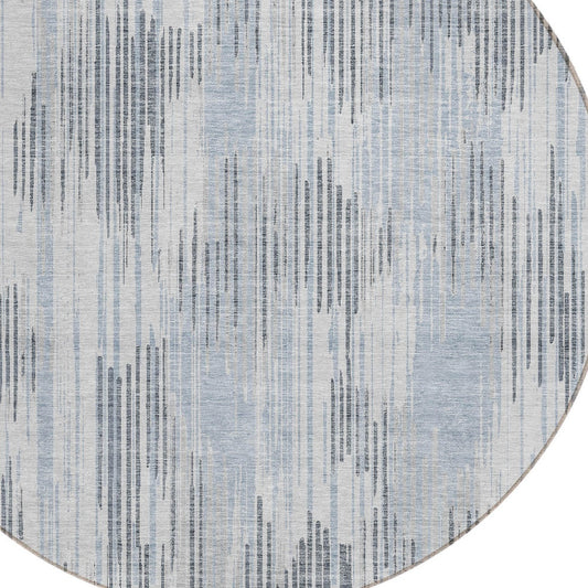 8' Gray And Ivory Round Striped Washable Indoor Outdoor Area Rug