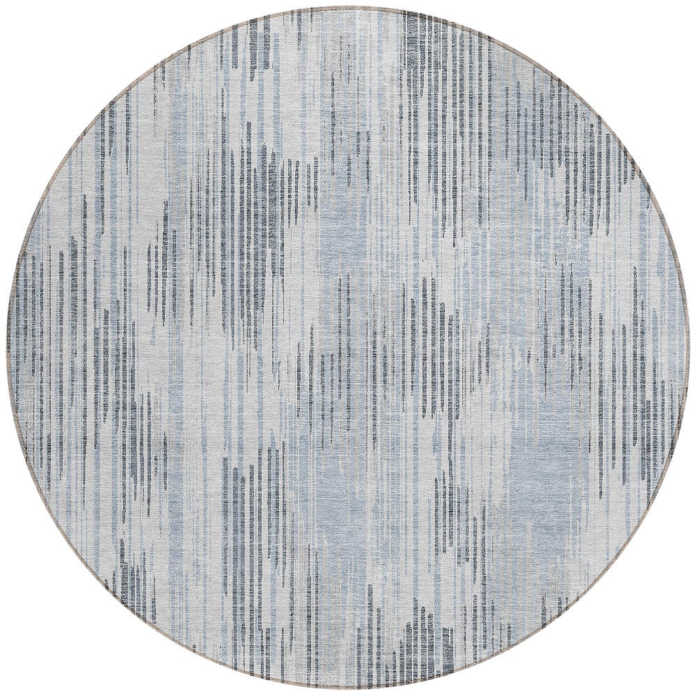 8' Gray And Ivory Round Striped Washable Indoor Outdoor Area Rug