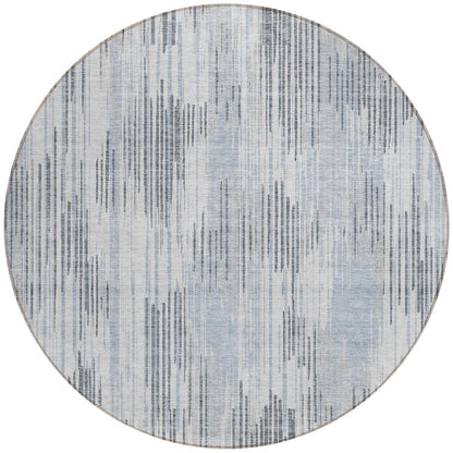 8' Gray And Ivory Round Striped Washable Indoor Outdoor Area Rug