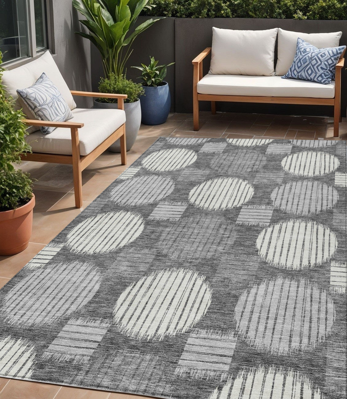 5' X 8' Charcoal And Ivory Geometric Washable Indoor Outdoor Area Rug