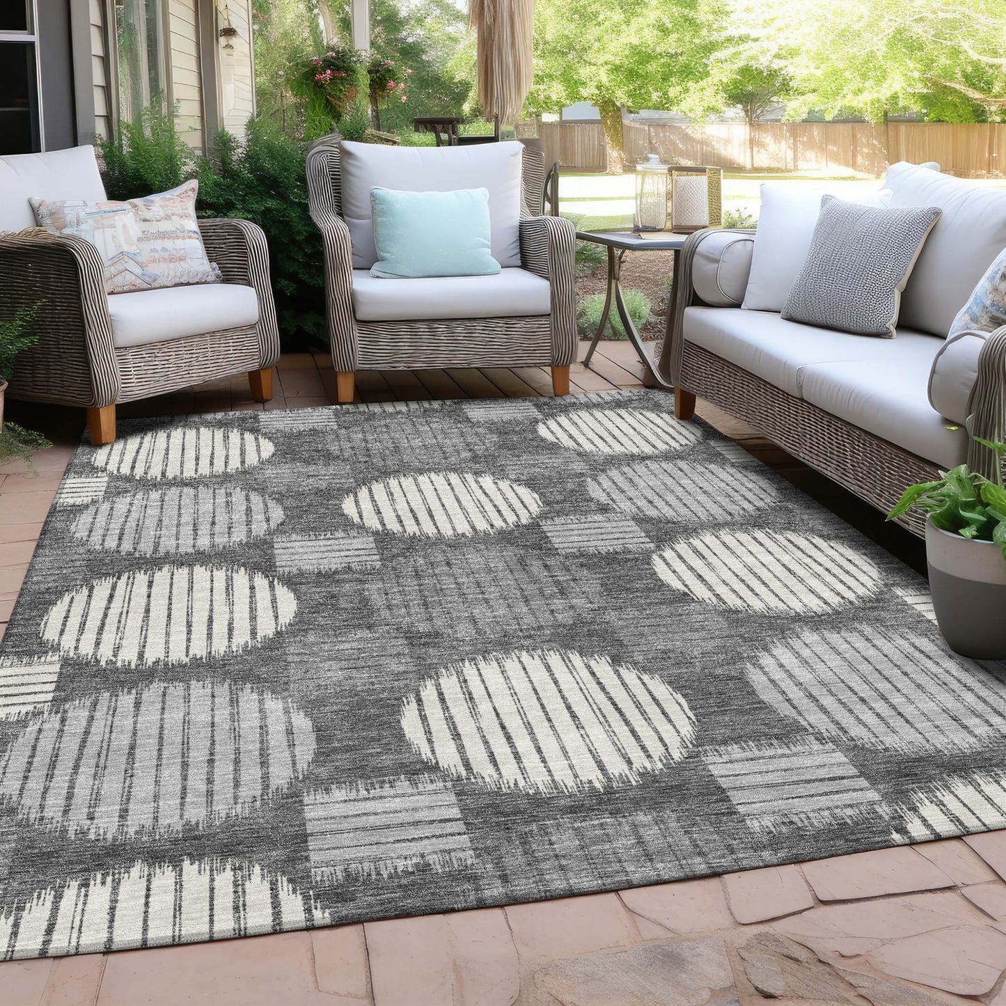 5' X 8' Charcoal And Ivory Geometric Washable Indoor Outdoor Area Rug