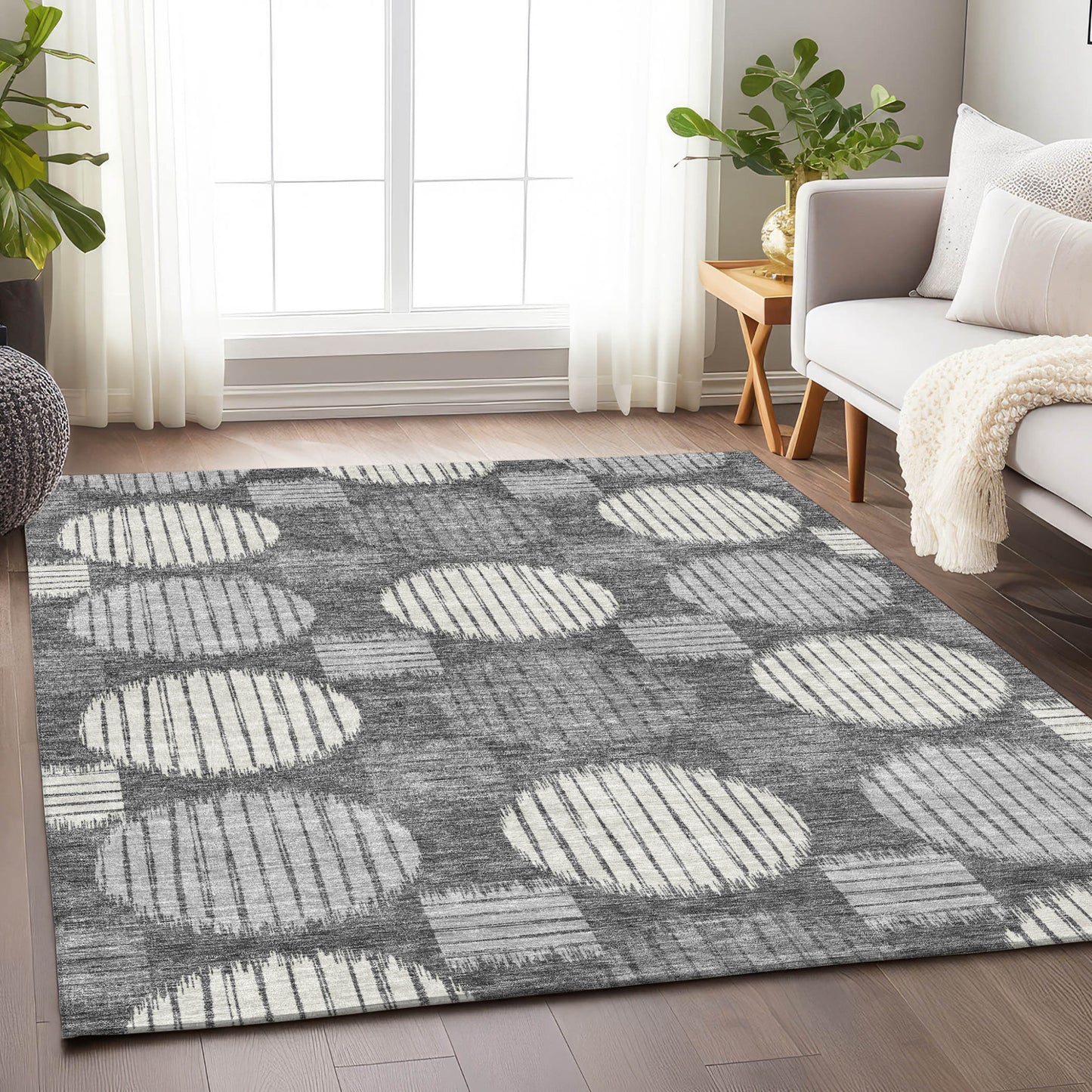 5' X 8' Charcoal And Ivory Geometric Washable Indoor Outdoor Area Rug