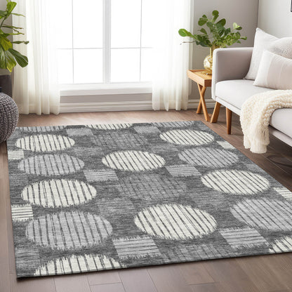 5' X 8' Charcoal And Ivory Geometric Washable Indoor Outdoor Area Rug