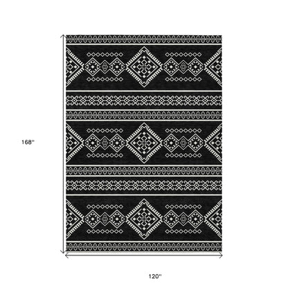 10' X 14' Black And Ivory Southwestern Washable Indoor Outdoor Area Rug