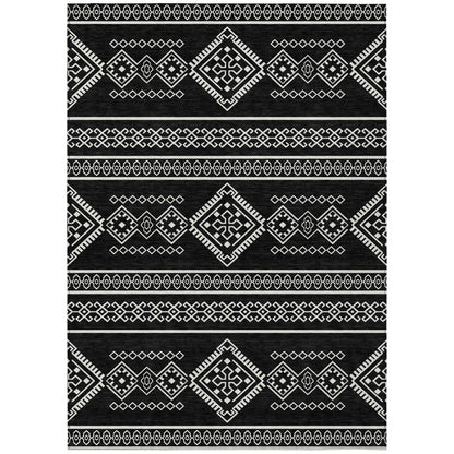 10' X 14' Black And Ivory Southwestern Washable Indoor Outdoor Area Rug