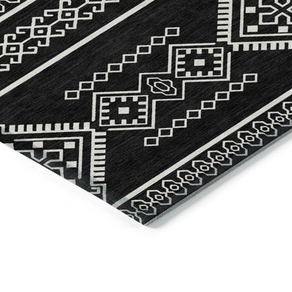 10' X 14' Black And Ivory Southwestern Washable Indoor Outdoor Area Rug
