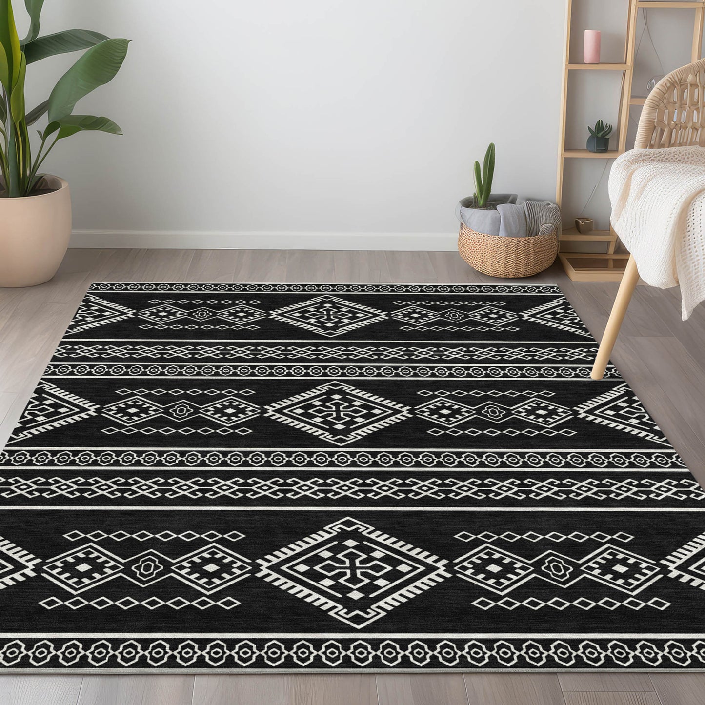 10' X 14' Black And Ivory Southwestern Washable Indoor Outdoor Area Rug