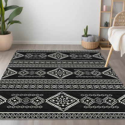 10' X 14' Black And Ivory Southwestern Washable Indoor Outdoor Area Rug