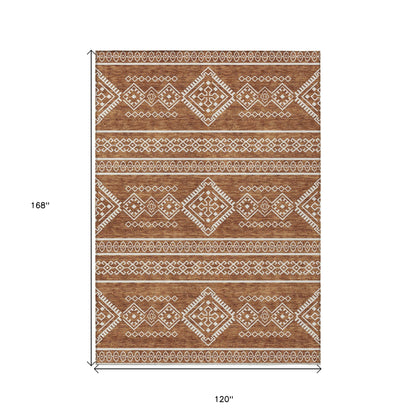 10' X 14' Orange And Ivory Southwestern Washable Indoor Outdoor Area Rug