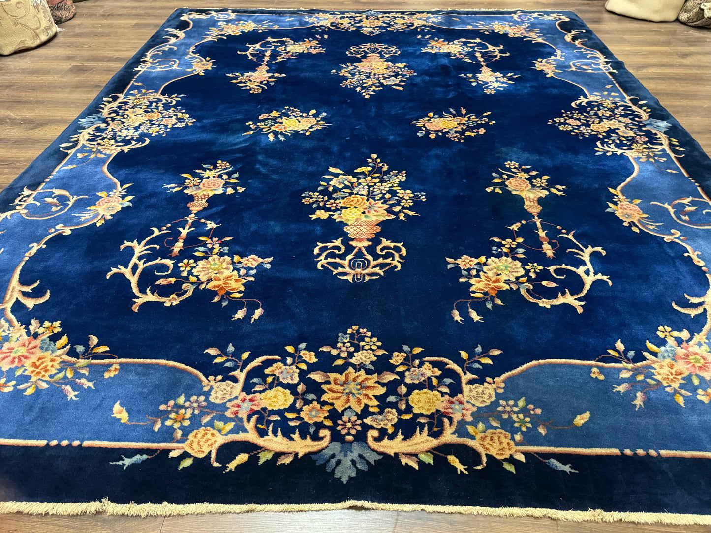 Blue Chinese Art Deco Rug 9x12, Vintage Antique Chinese Wool Rug, Chinese Fette Rug