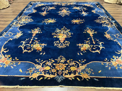 Blue Chinese Art Deco Rug 9x12, Vintage Antique Chinese Wool Rug, Chinese Fette Rug