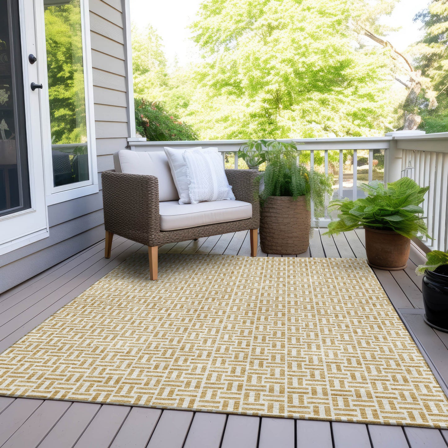 9' X 12' Gold And Ivory Geometric Washable Indoor Outdoor Area Rug