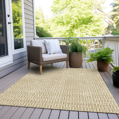 9' X 12' Gold And Ivory Geometric Washable Indoor Outdoor Area Rug
