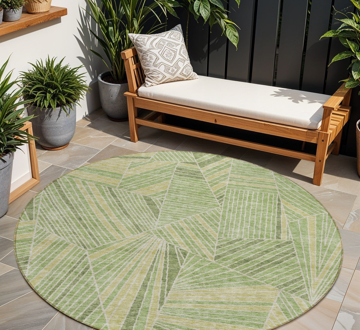 8' Green And Olive Green Round Geometric Washable Indoor Outdoor Area Rug