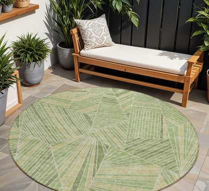 8' Green And Olive Green Round Geometric Washable Indoor Outdoor Area Rug