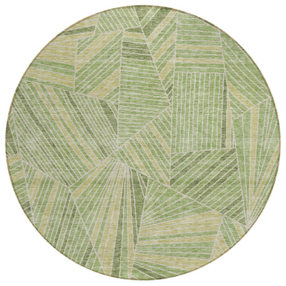 8' Green And Olive Green Round Geometric Washable Indoor Outdoor Area Rug