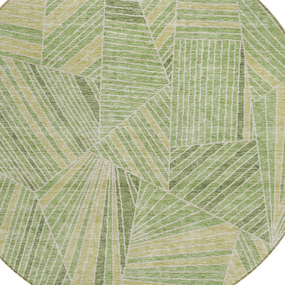 8' Green And Olive Green Round Geometric Washable Indoor Outdoor Area Rug