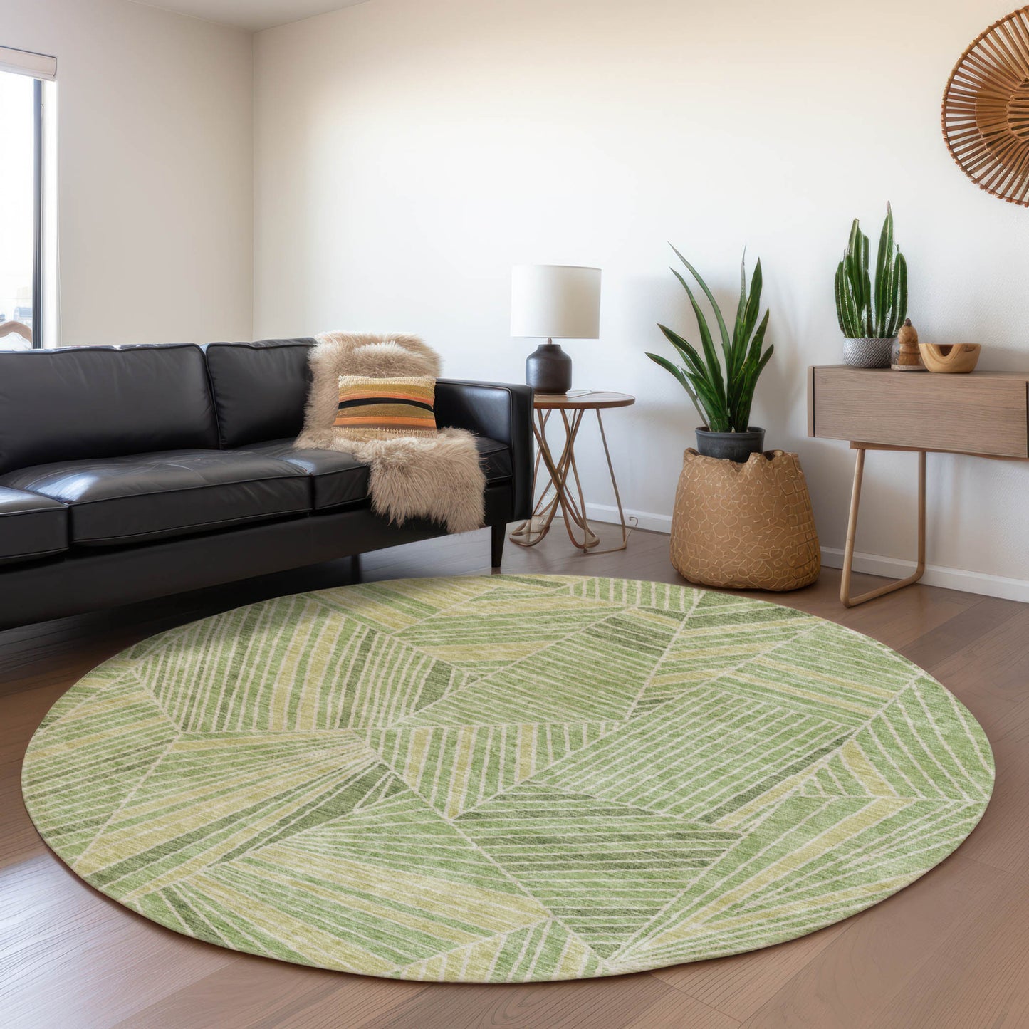 8' Green And Olive Green Round Geometric Washable Indoor Outdoor Area Rug
