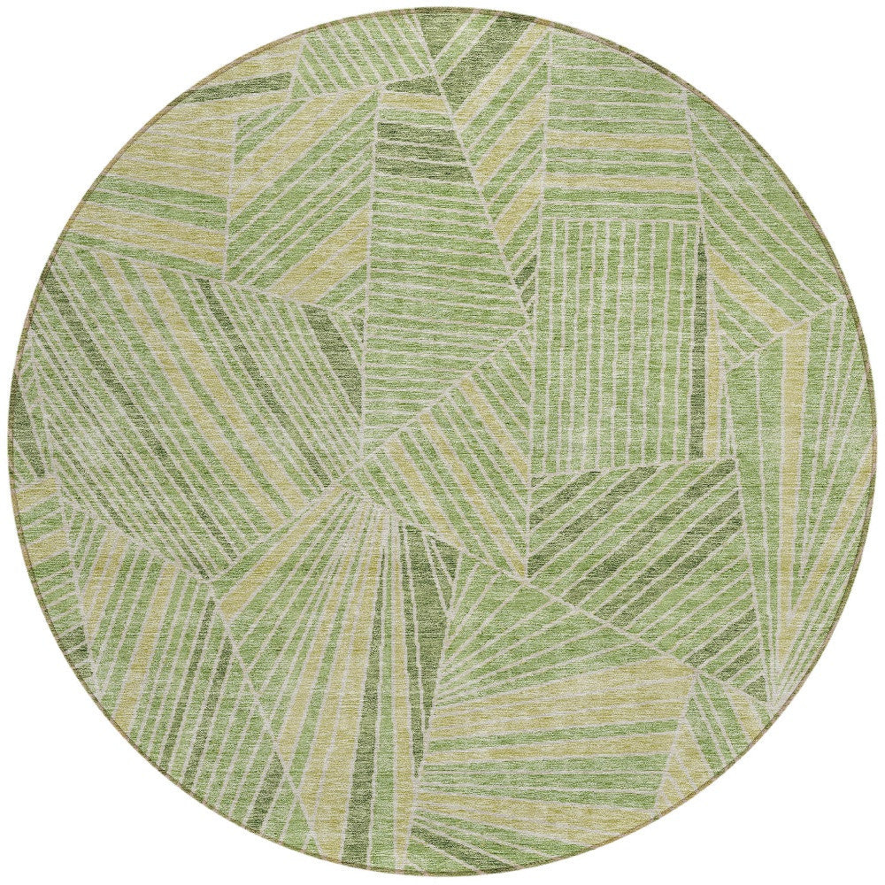 8' Green And Olive Green Round Geometric Washable Indoor Outdoor Area Rug