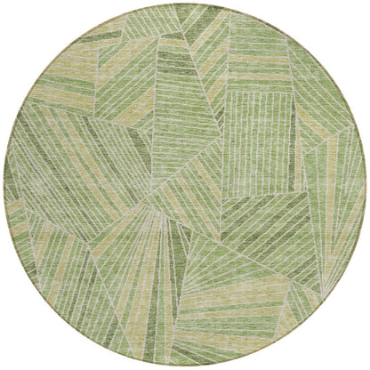 8' Green And Olive Green Round Geometric Washable Indoor Outdoor Area Rug
