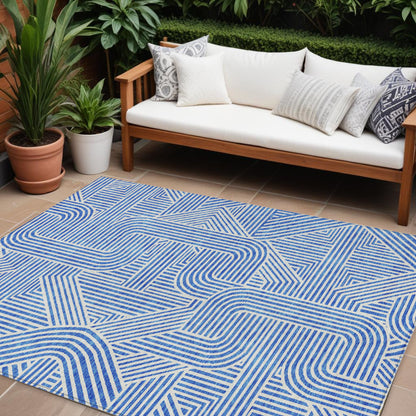 9' X 12' Blue And Ivory Abstract Washable Indoor Outdoor Area Rug
