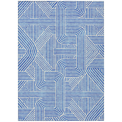 9' X 12' Blue And Ivory Abstract Washable Indoor Outdoor Area Rug