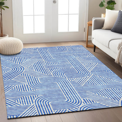 9' X 12' Blue And Ivory Abstract Washable Indoor Outdoor Area Rug