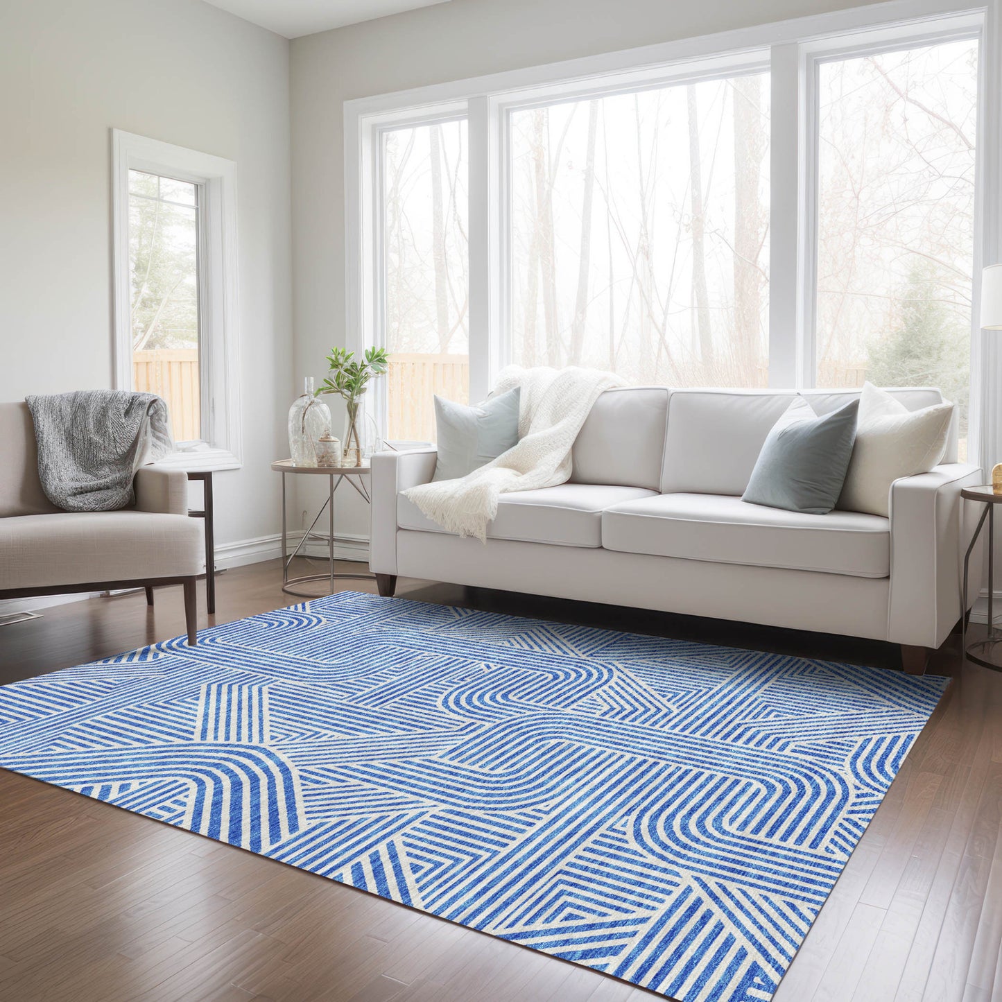 9' X 12' Blue And Ivory Abstract Washable Indoor Outdoor Area Rug