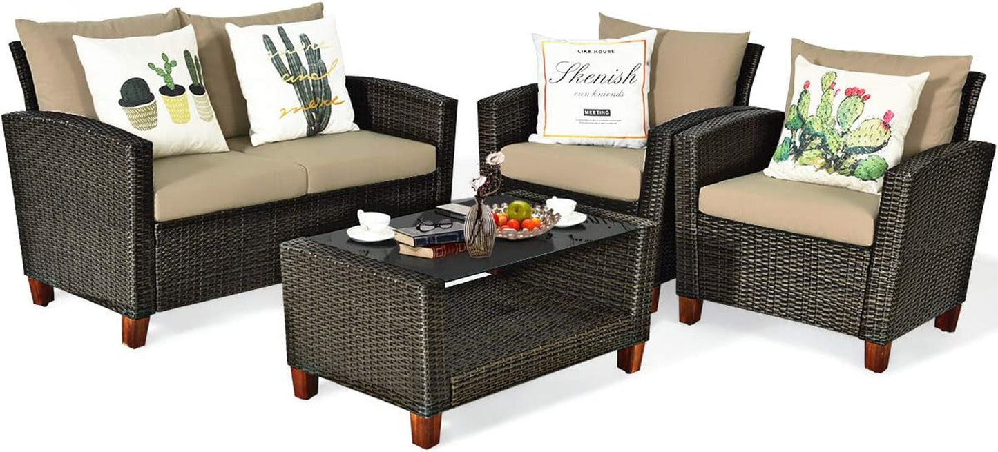 4 Piece Patio Rattan Furniture Set, Onesize, Beige-0