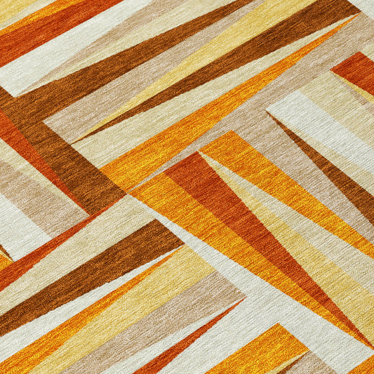3' X 5' Orange Ivory And Copper Geometric Washable Indoor Outdoor Area Rug