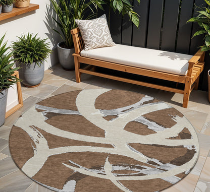 8' Brown Beige And Gray Round Abstract Washable Indoor Outdoor Area Rug