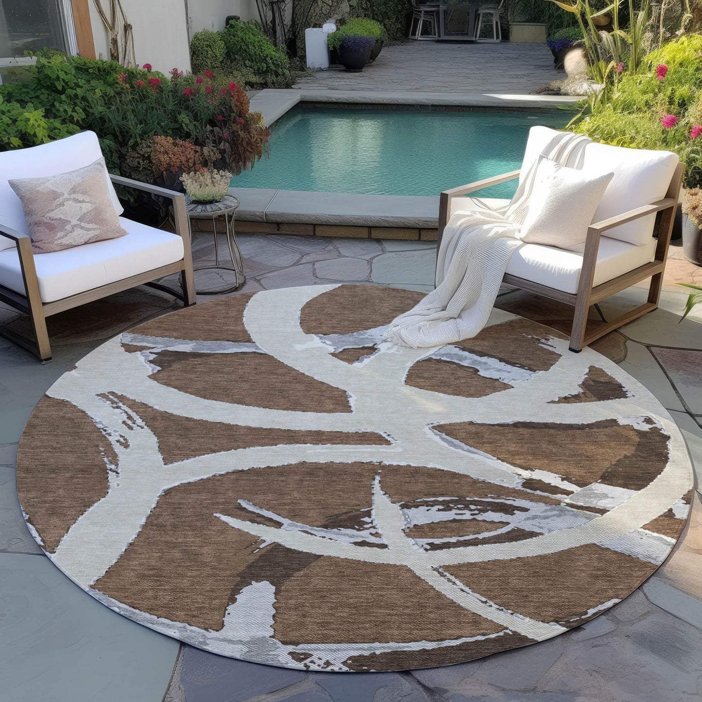 8' Brown Beige And Gray Round Abstract Washable Indoor Outdoor Area Rug