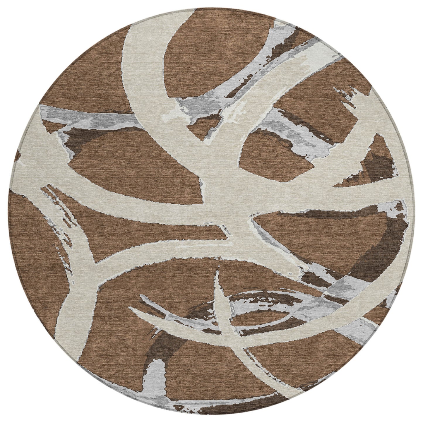 8' Brown Beige And Gray Round Abstract Washable Indoor Outdoor Area Rug