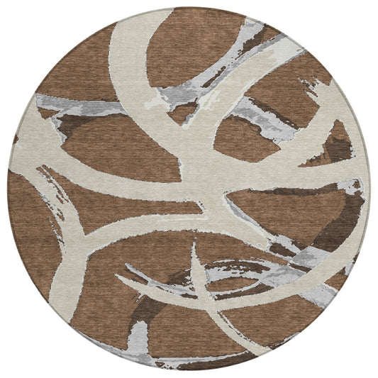 8' Brown Beige And Gray Round Abstract Washable Indoor Outdoor Area Rug