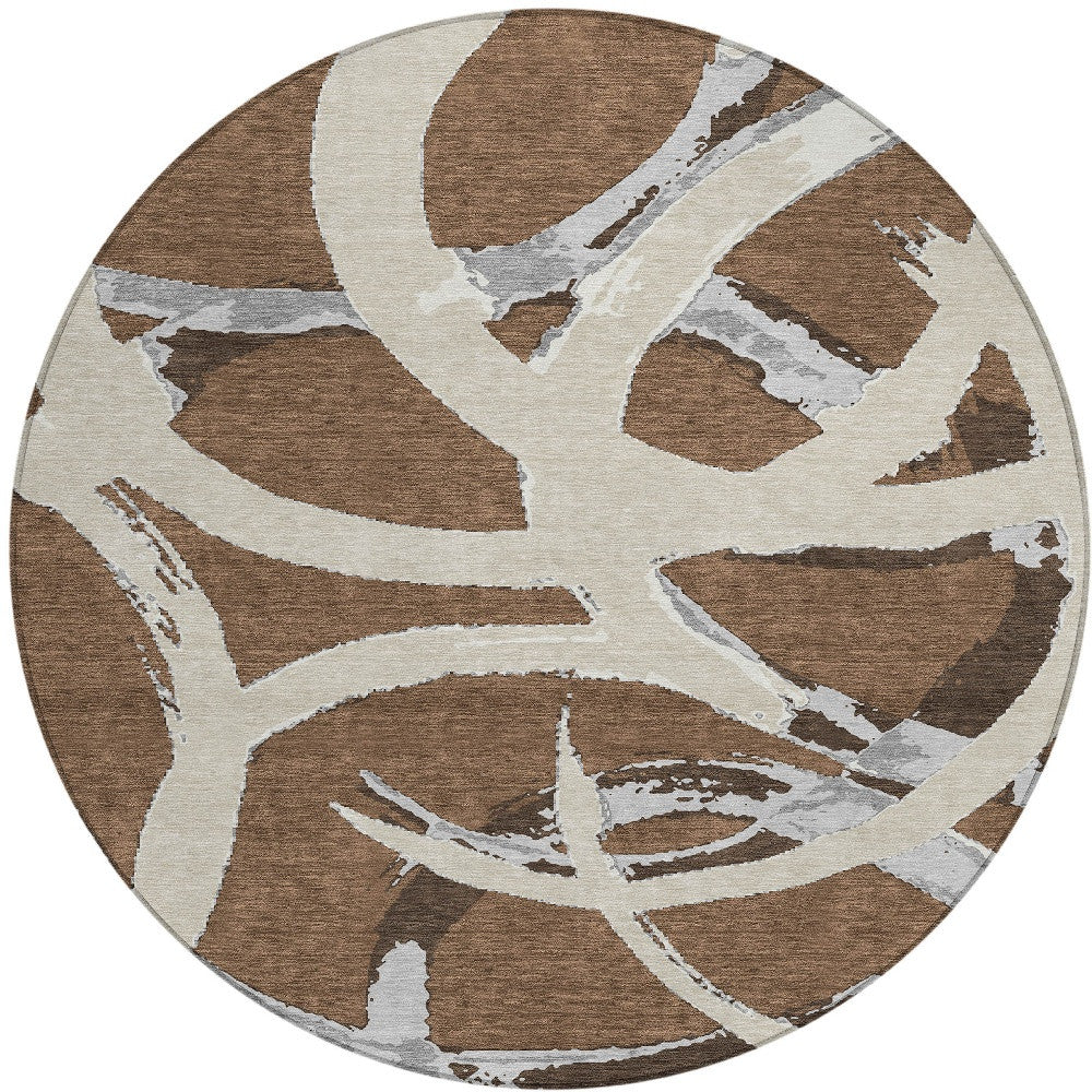 8' Brown Beige And Gray Round Abstract Washable Indoor Outdoor Area Rug