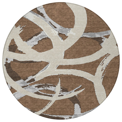 8' Brown Beige And Gray Round Abstract Washable Indoor Outdoor Area Rug