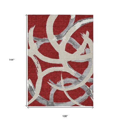 9' X 12' Red Beige And Gray Abstract Washable Indoor Outdoor Area Rug