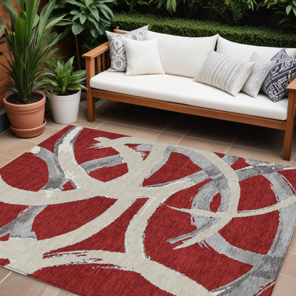 9' X 12' Red Beige And Gray Abstract Washable Indoor Outdoor Area Rug