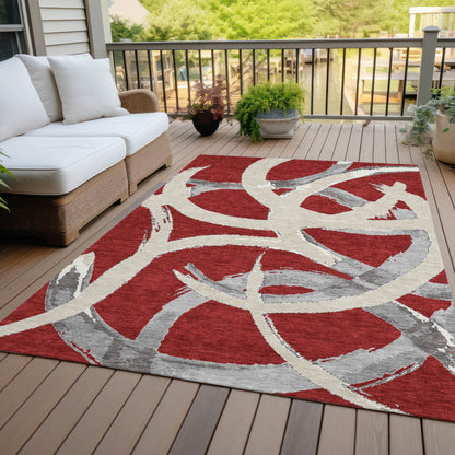 9' X 12' Red Beige And Gray Abstract Washable Indoor Outdoor Area Rug