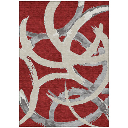 9' X 12' Red Beige And Gray Abstract Washable Indoor Outdoor Area Rug