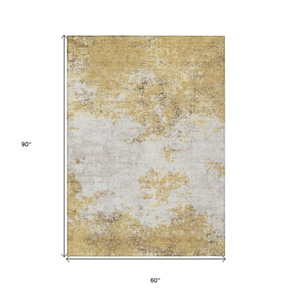 5' X 8' Gold Brown And Beige Abstract Washable Indoor Outdoor Area Rug