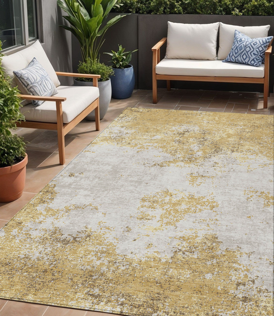 5' X 8' Gold Brown And Beige Abstract Washable Indoor Outdoor Area Rug