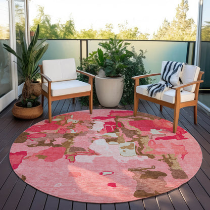 8' Coral Pink And Brown Round Abstract Washable Indoor Outdoor Area Rug