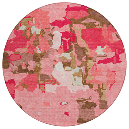 8' Coral Pink And Brown Round Abstract Washable Indoor Outdoor Area Rug